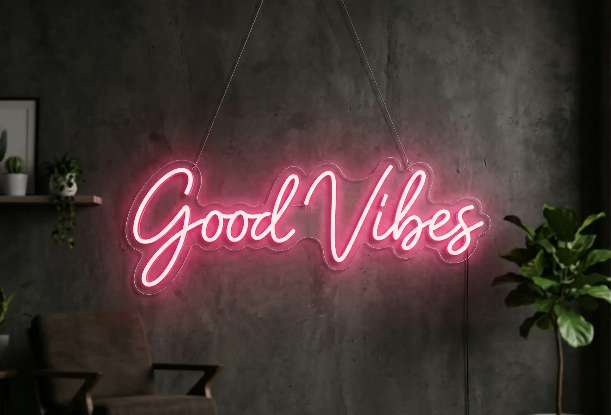 Pink Good Vibes style LED neon sign on wall
